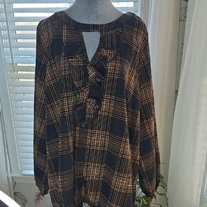 BloomChic Plaid Ruffle Blouse - Black and Tan